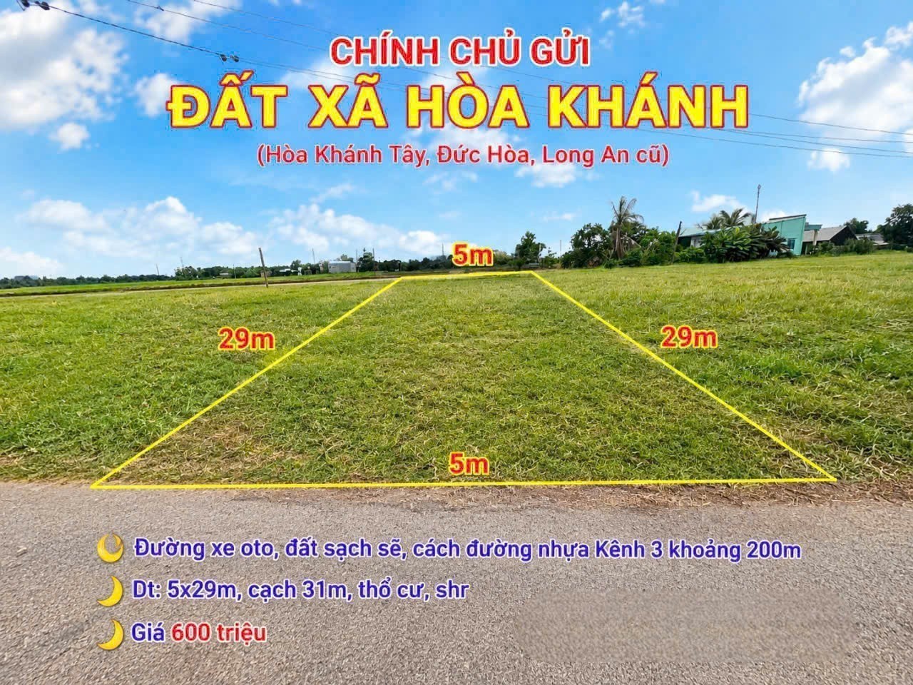 Bán đất thổ cư hẻm oto đá xanh xã Hòa Khánh Tây , Đức Hòa , Long An dt 150m² giá 600 triệu 2