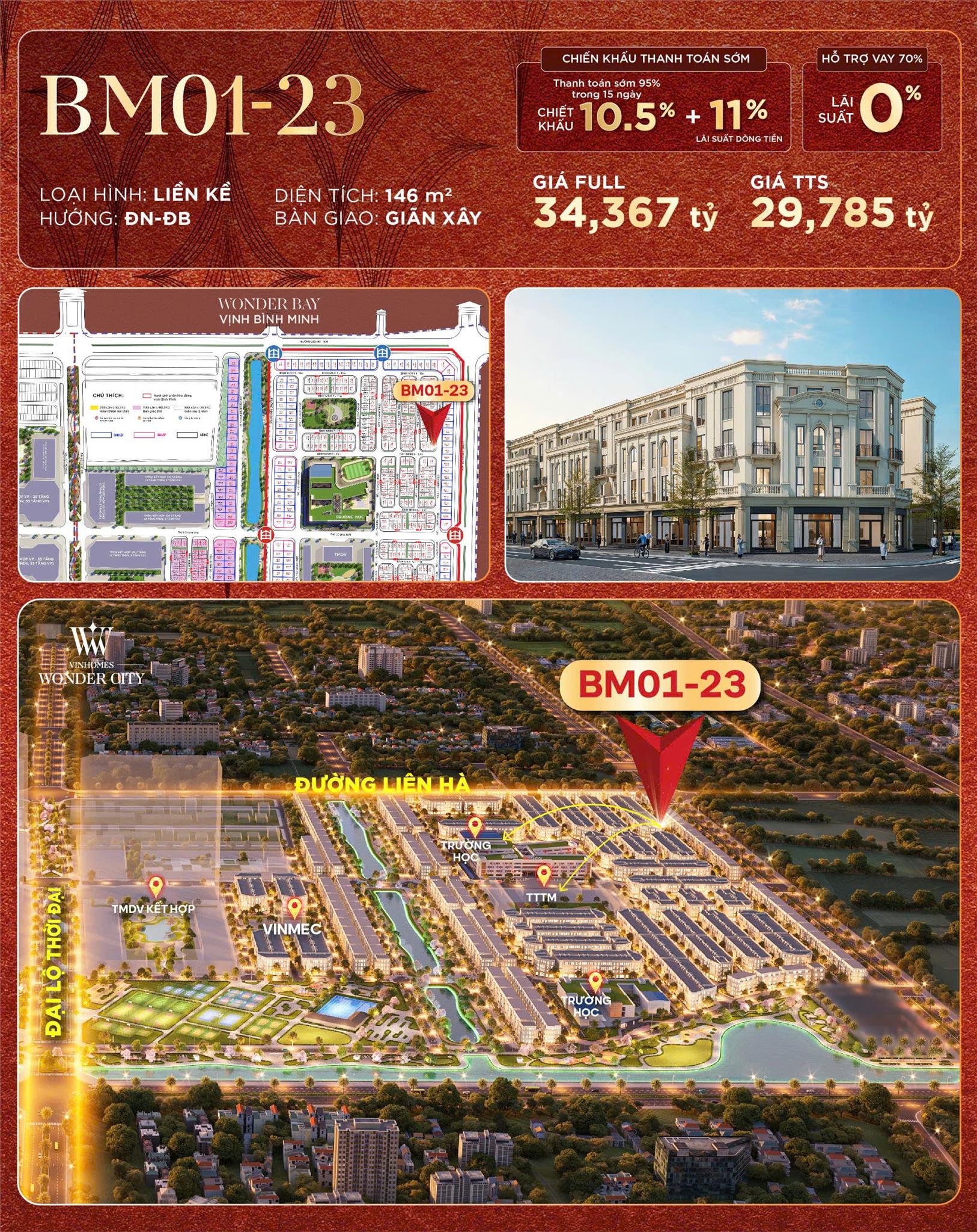 Bán Căn Bình Minh 01-23  - Vinhomes Đan Phượng, Diện tích 146m², hướng Đông Nam - Đông Bắc  -  Giá