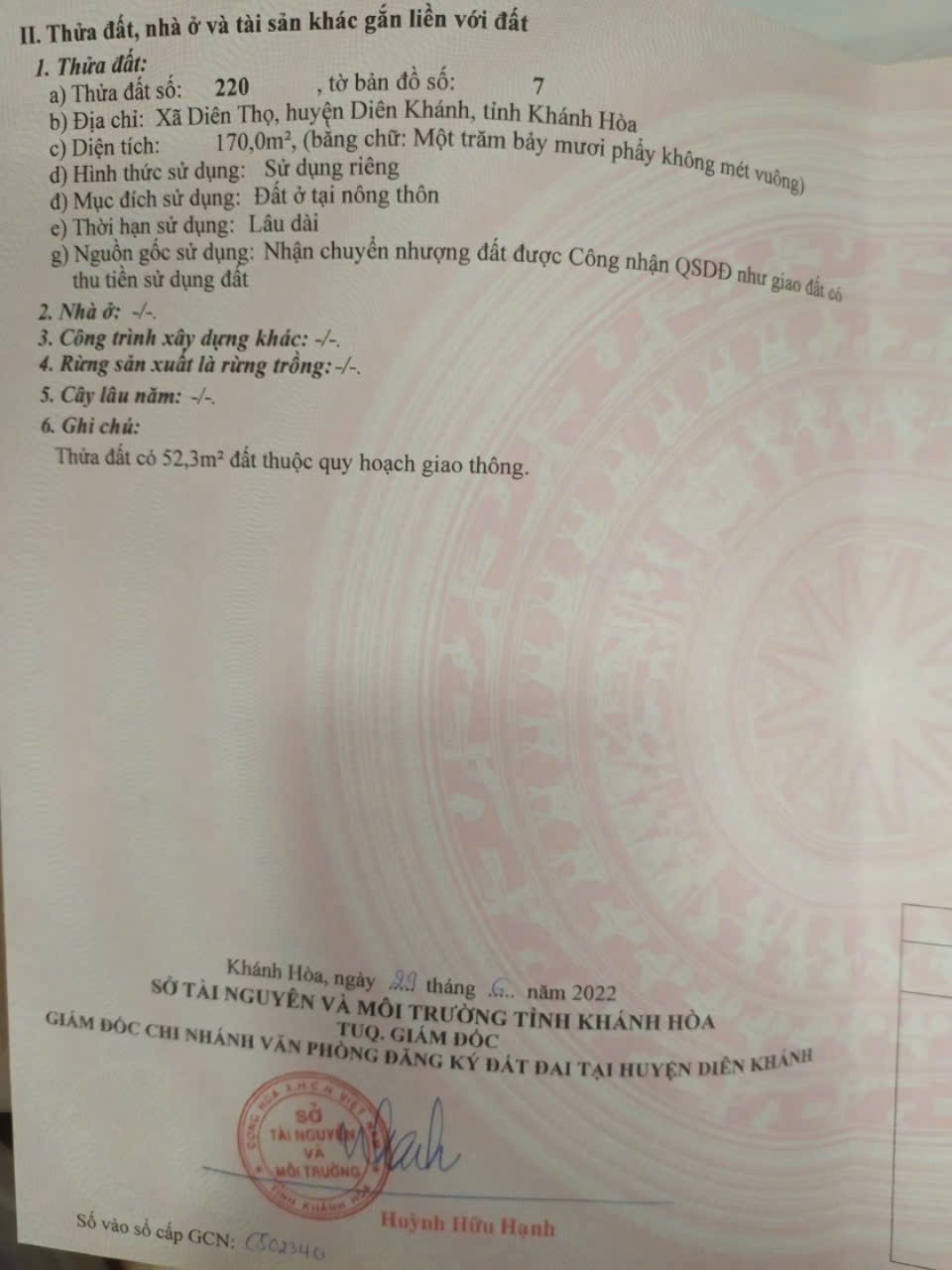 Bán lô góc Diên Thọ full thổ cư cạnh Tỉnh Lộ 2- sau lưng nhà văn hoá thôn Cẩm Sơn 11