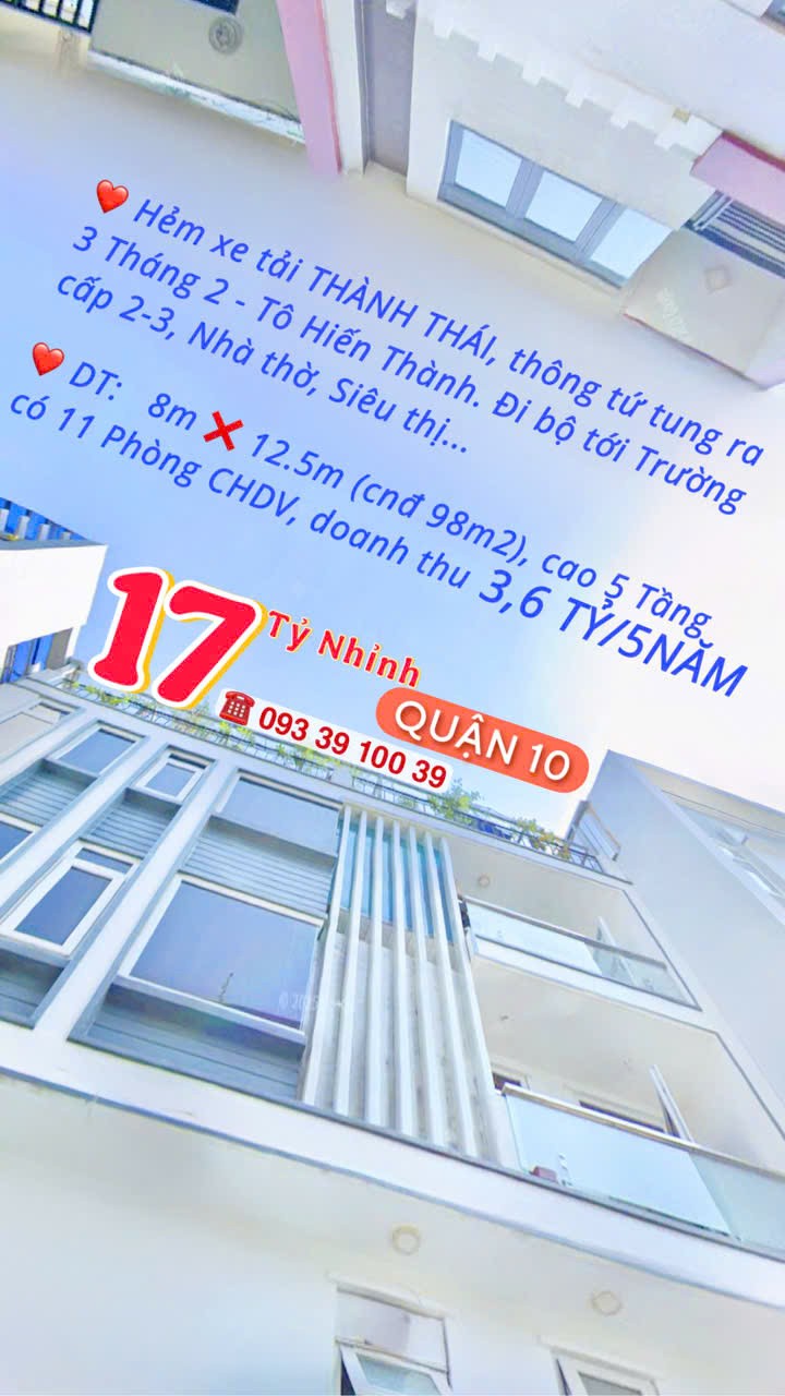 BÁN NHÀ Q10- HẺM XE TẢI THÀNH THÁI- NGANG 8M- CAO 5 TẦNG THU NHẬP 3.6 TỶ/5NĂM. Mr Vũ: 0933 910 039 5