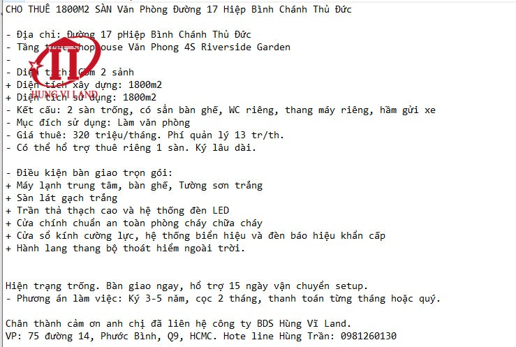 Cho thuê Văn phòng Phường Hiệp Bình Chánh, Thủ Đức, Diện tích 1800m², Giá Thương lượng 4