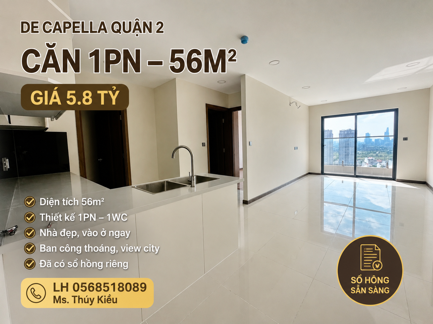 Căn hộ 1Pn tại De Capella Quận 2 diện tích 56m2 nhà HTCB chủ đầu tư giá chỉ 5.8 tỷ, SHR