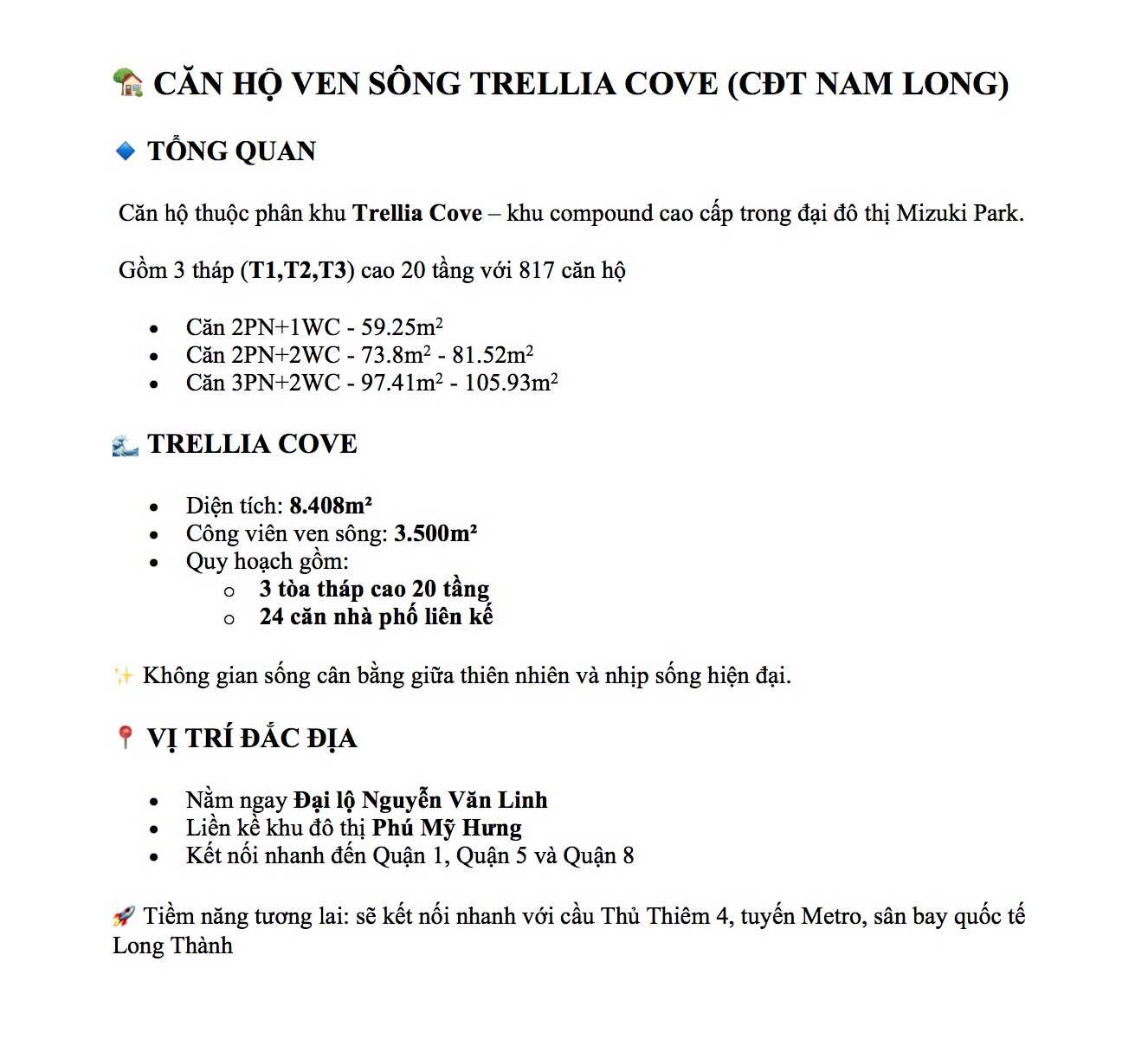 CĂN HỘ TRELLIA COVE, NGUYỄN VĂN LINH, BÌNH CHÁNH, DT 77M2, GIÁ TỪ 5 TỶ 19