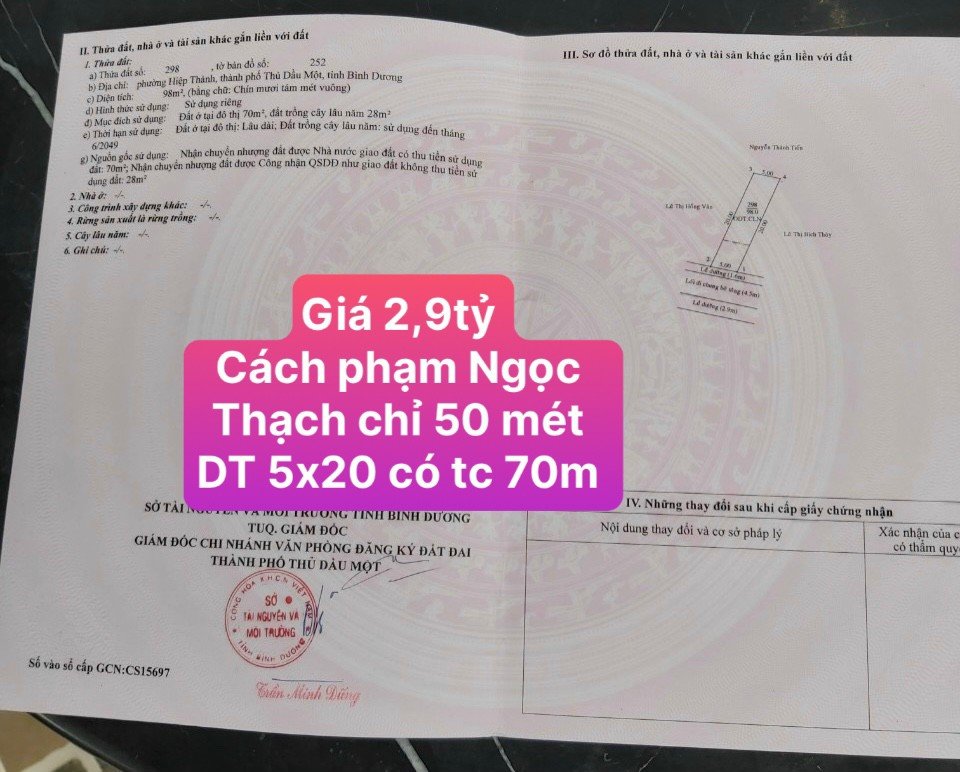 Cần bán Đất đường Phạm Ngọc Thạch, Phường Hiệp Thành, Diện tích 100m², Giá 2.9 Tỷ 2