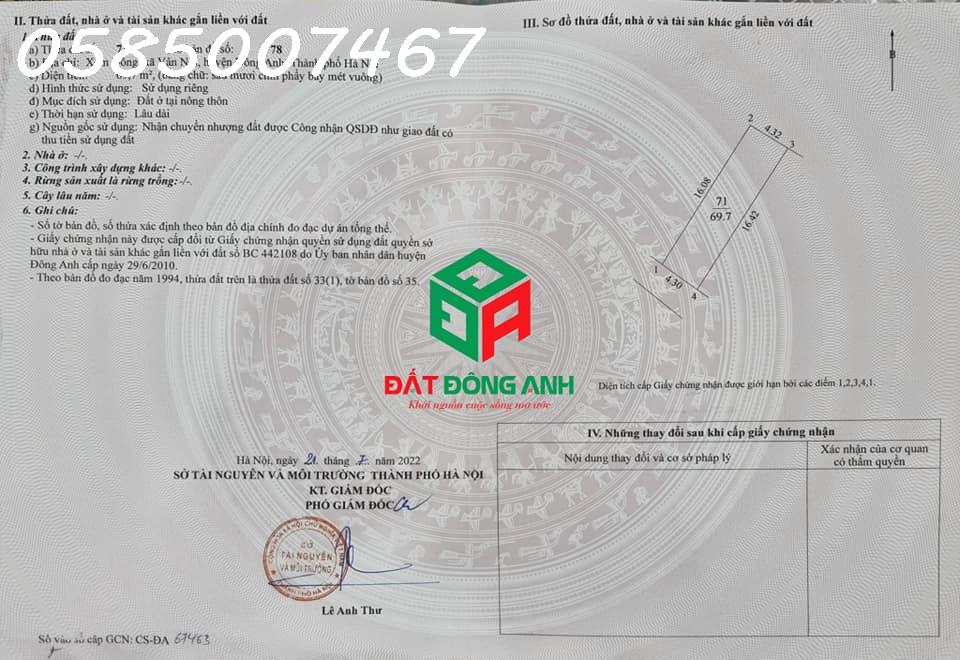 Bán 69.7m2 đất Vân Nội Đông Anh – Đường thông 4m 4