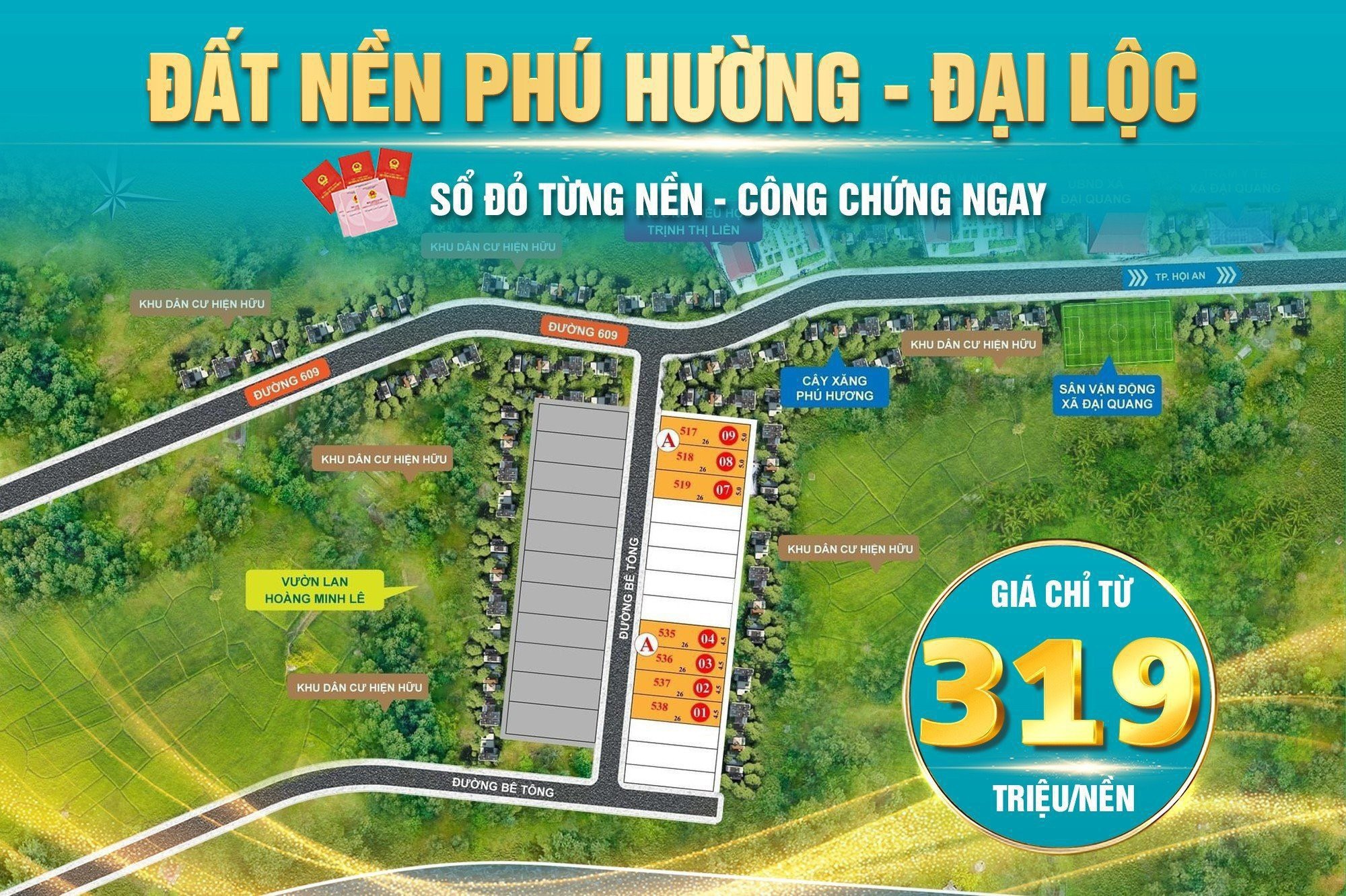 Đất nền biệt thự siêu rẻ ngay đường DT609, vị trí siêu đẹp tại Đại Lộc_319tr