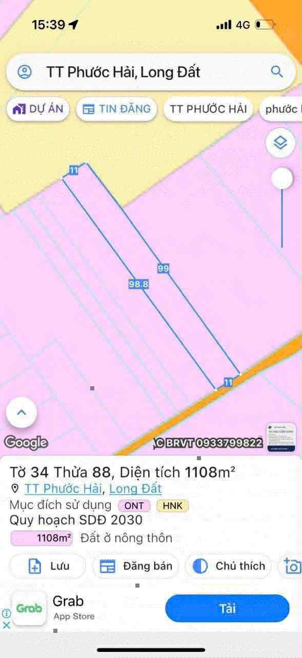 Cần bán Đất đường Tỉnh lộ 44, Thị trấn Phước Hải, Diện tích 1108m², Giá 1.65 Tỷ