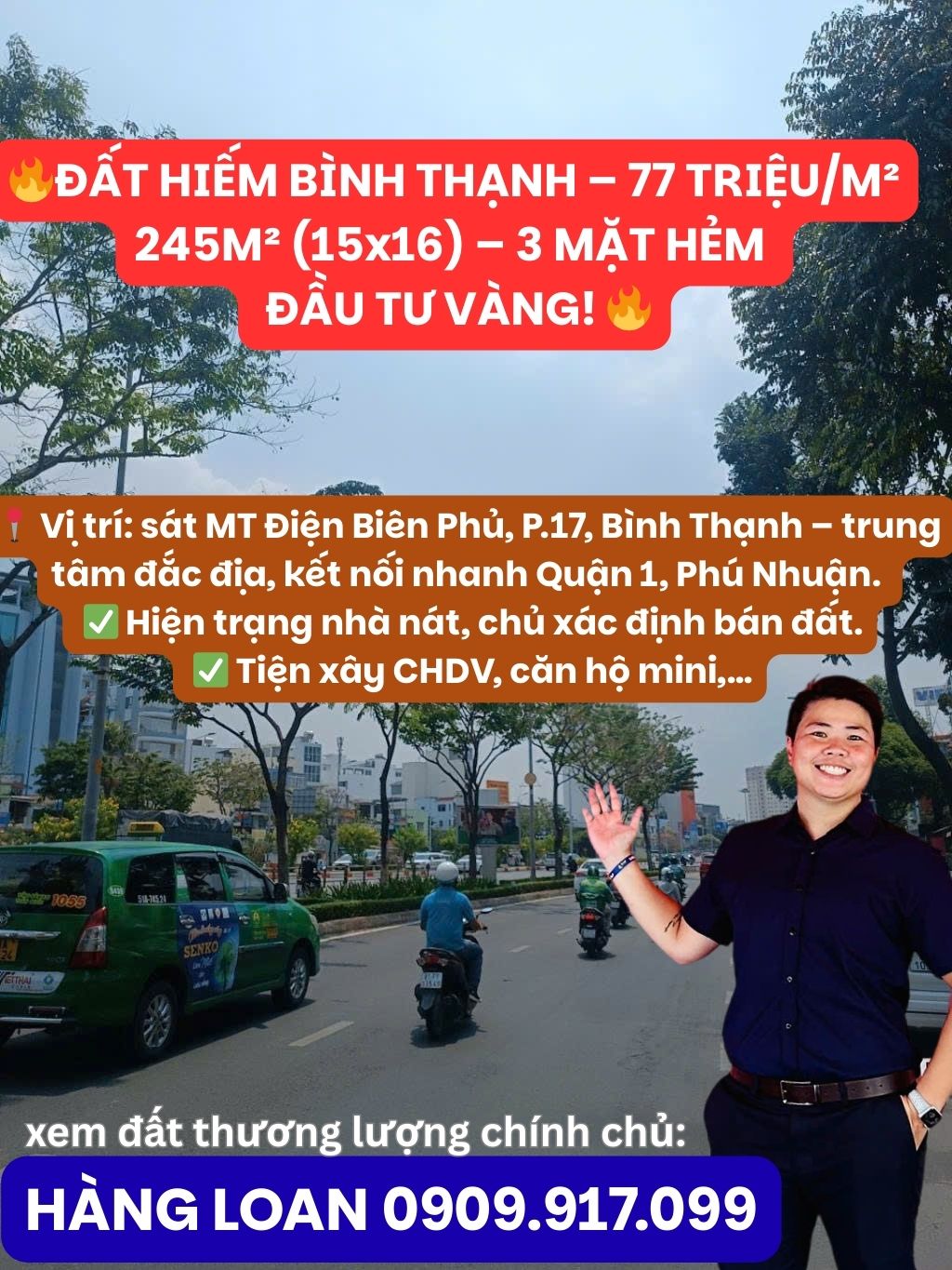 77tr/m² đất hiếm 245m² Điện Biên Phủ,3 mặt hẻm, xây CHDV siêu lợi 0909917099