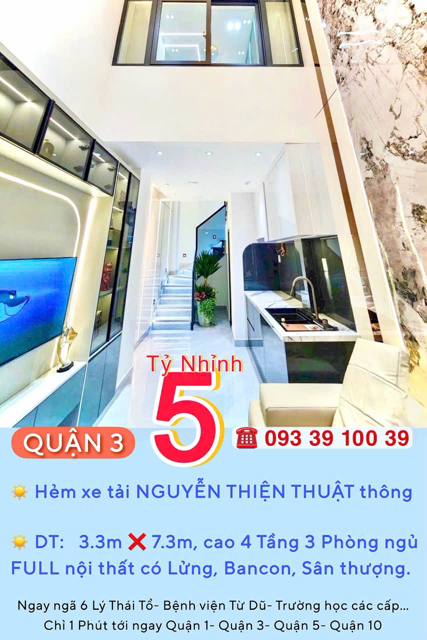Nhà Quận 3- hẻm xe tải Nguyễn Thiện Thuật- Ngang hơn 3m- 4 tầng Full nội thất: 5 tỷ hơn. 0933910039 5