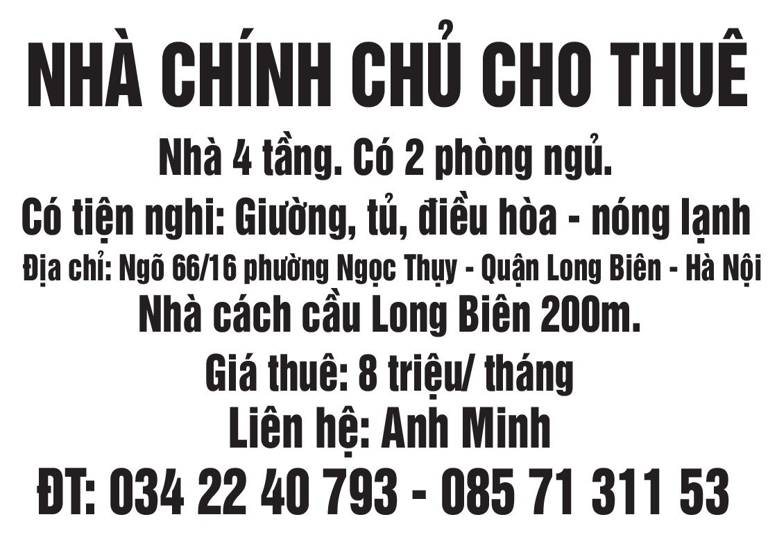 Chính chủ cho thuê nhà 4 tầng tại phường Ngọc Thụy, quận Long Biên, Hà Nội