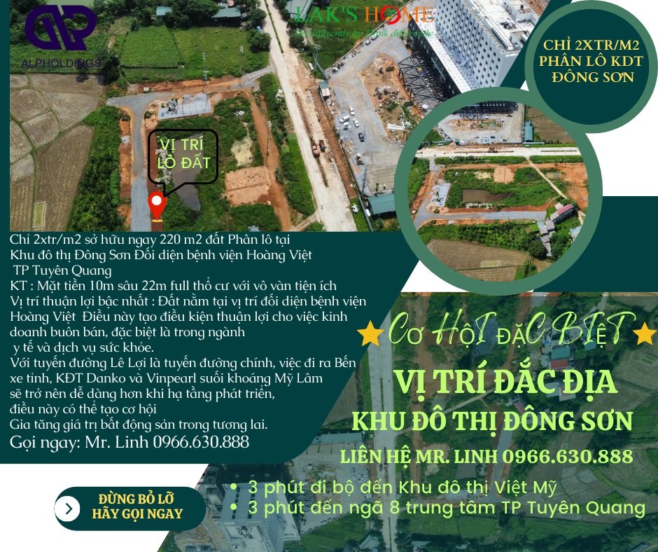 Chỉ 2xtr/m2 sở hữu ngay 220 m2 đất Phân lô tạiKhu đô thị Đông Sơn Đối diện bệnh viện Hoàng Việt 1