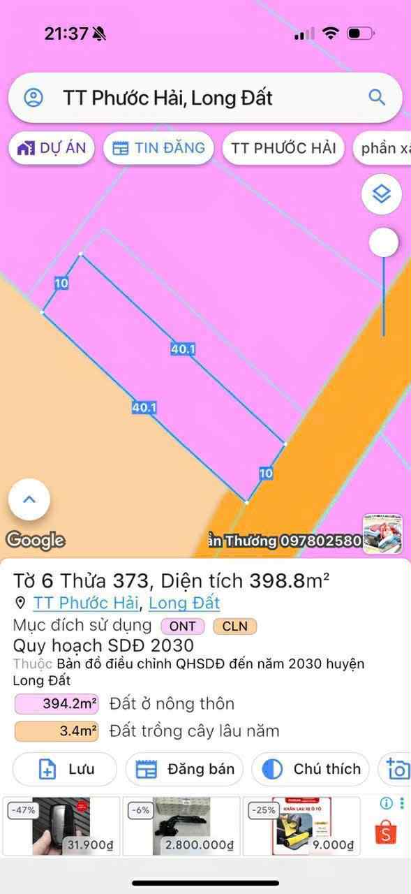 Cần bán Đất đường Tỉnh lộ 44, Thị trấn Phước Hải, Diện tích 400m², Giá 1.4 Tỷ