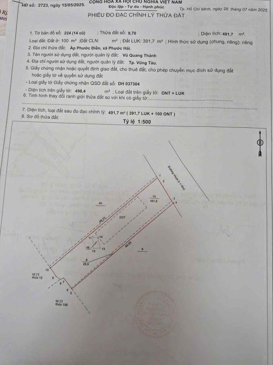 Cần bán Đất đường Tỉnh lộ 44, Thị trấn Phước Hải, Diện tích 491m², Giá 1.5 Tỷ