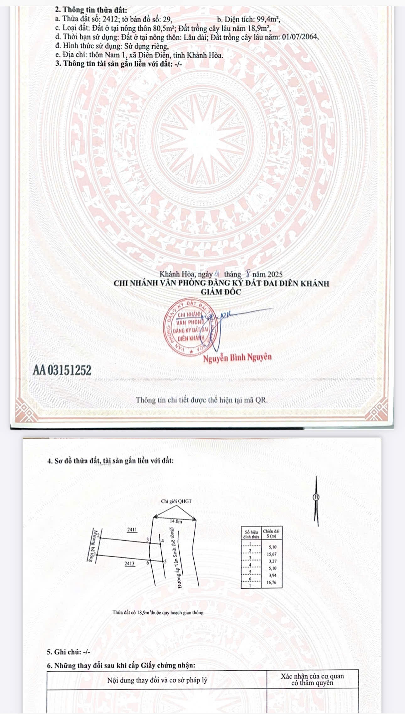 Bán đất Diên Sơn thôn Nam 1 mặt tiền đường Ấp Tân Sinh 6