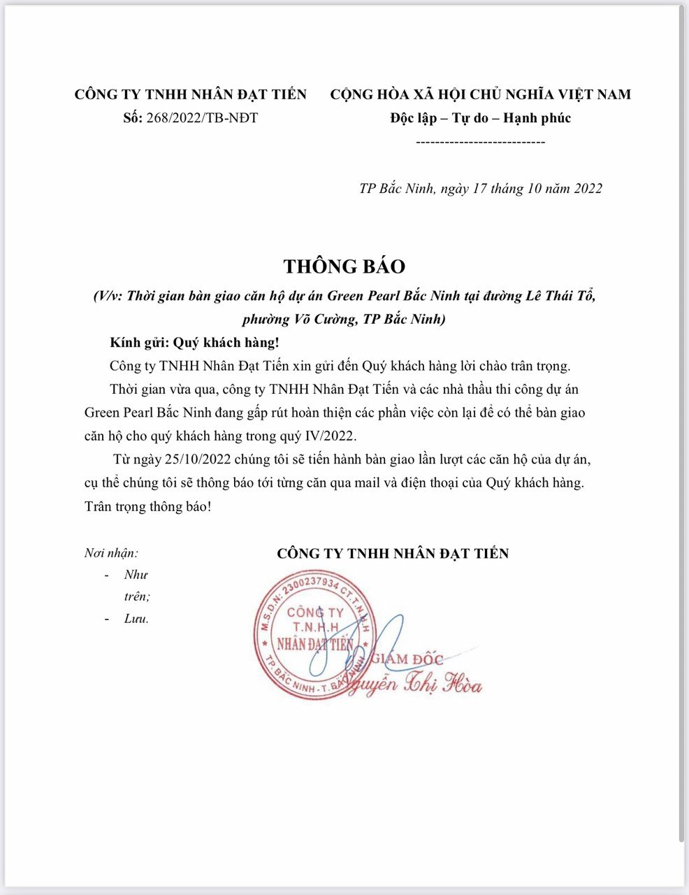 Đã có thông báo nhận nhà, chung cư cao cấp Green Pearl Bắc Ninh