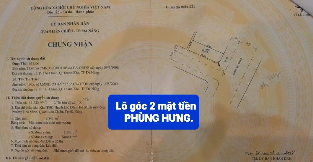 Bán đất lô góc 2mt đường Phùng Hưng, Hòa Minh, 5