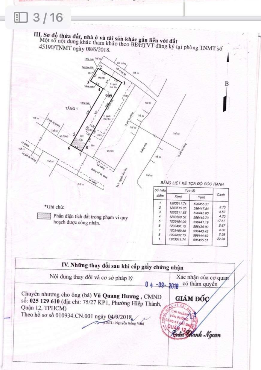 TÔI BÁN NHÀ MẶT TIỀN CHÍNH CHỦ  70N HIỆP THÀNH 05 CN 260 M2 CHỈ 18,5 TỶ 5