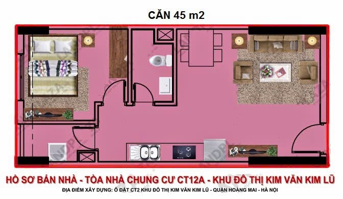 Chính chủ cần bán căn hộ 1 ngủ 45m, hướng đông Nam, đã có sổ tại tòa CT12A KDT Kim Văn Kim Lũ 3