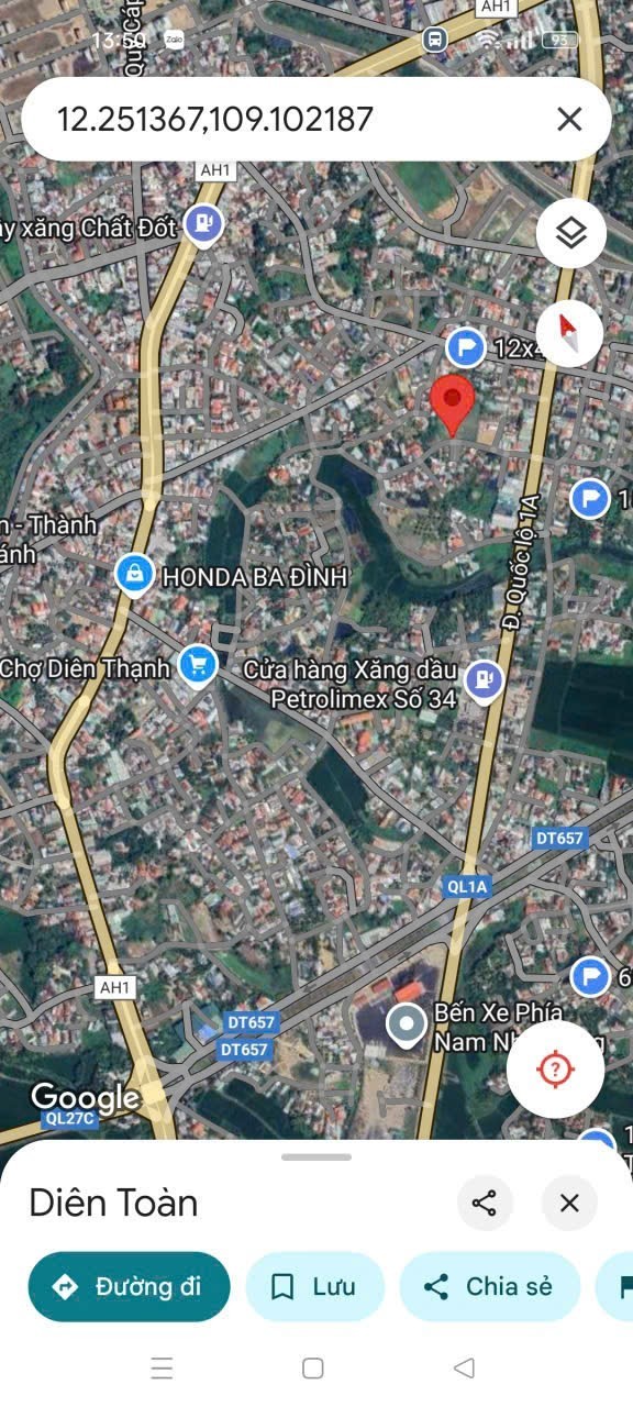 Bán đất Diên Toàn thôn Đông Dinh full thổ cư mặt đường nhựa thông ra Nguyễn Trãi và QL1A 5