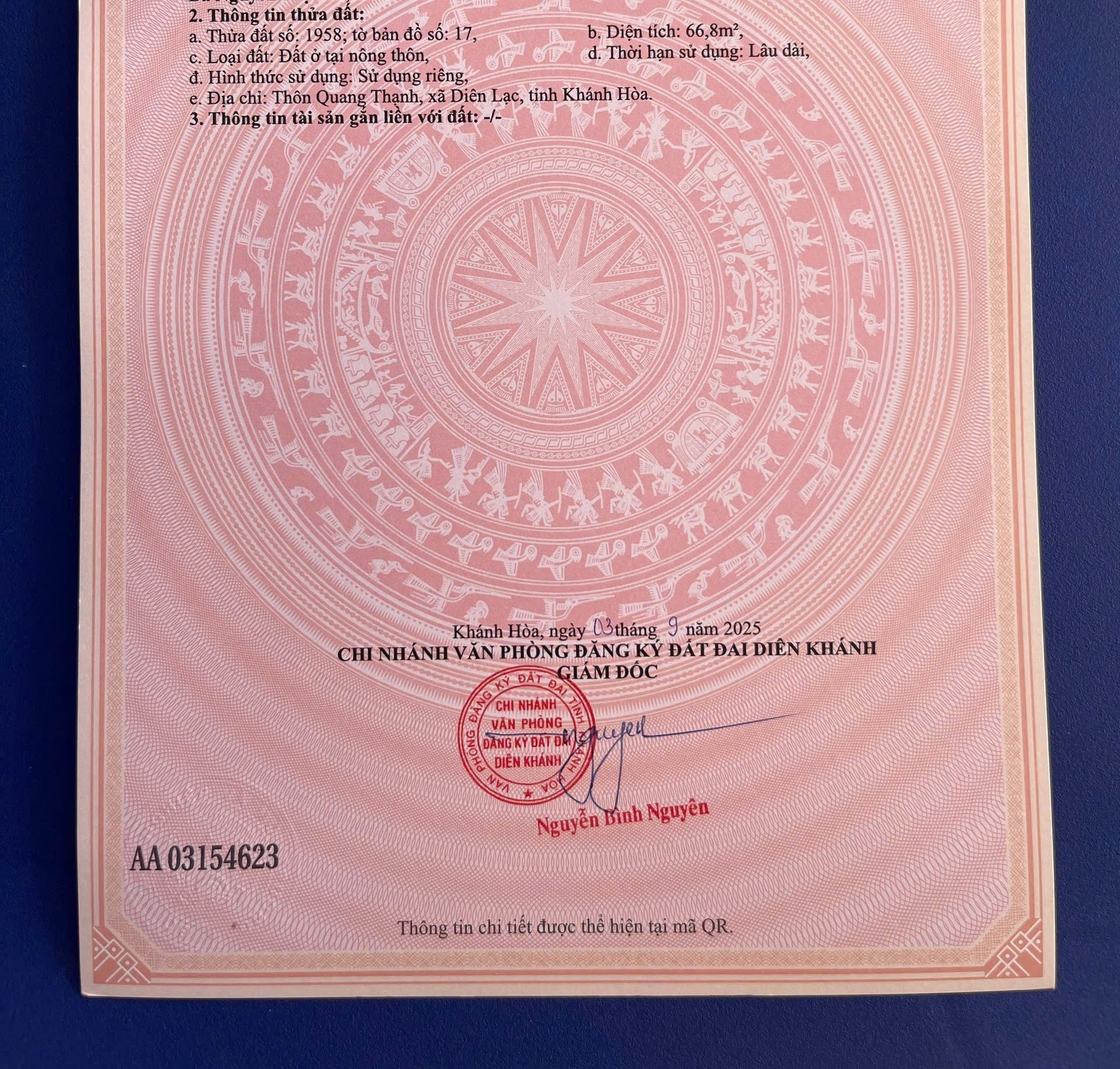 Bán đất Diên Hoà full thổ mặt đường nhựa thông ngay trung tâm khu dân cư thôn Quang Thạnh 6