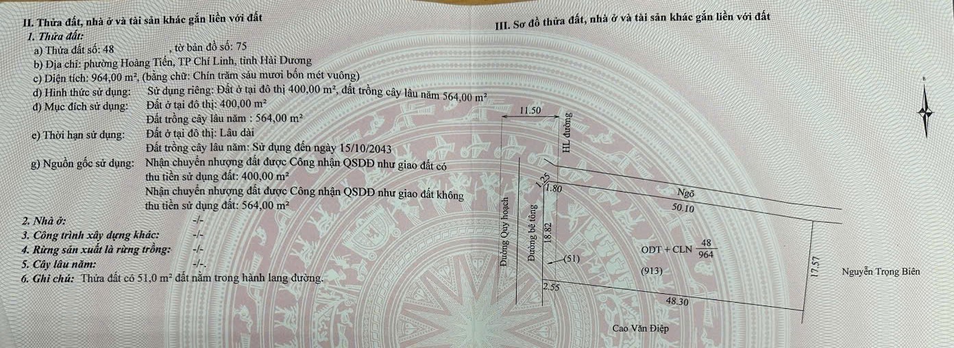 Cần bán 964m² đất tại KDC Tân Tiến, P. Hoàng Tiến, TP. Chí Linh, Hải Dương.