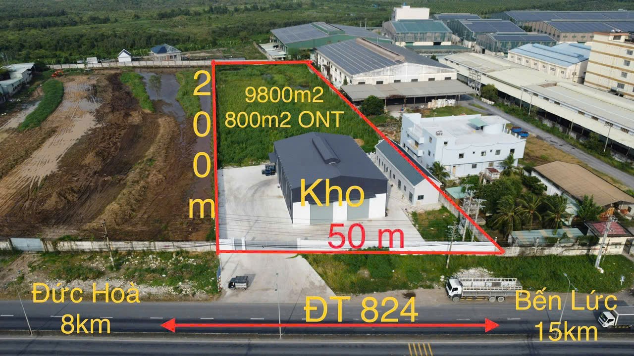 Đất mặt tiền TL 824, xã Lương Bình tdt 9800m2 ( 800m2 thổ + kho 560m2 + văn phòng 200m2) giá 50 tỷ 3