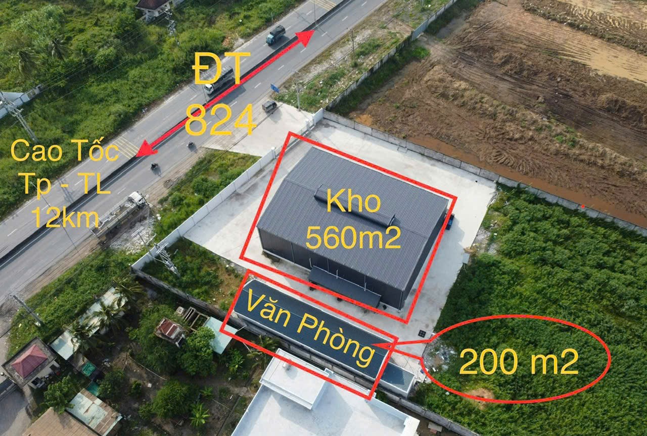 Đất mặt tiền TL 824, xã Lương Bình tdt 9800m2 ( 800m2 thổ + kho 560m2 + văn phòng 200m2) giá 50 tỷ 4
