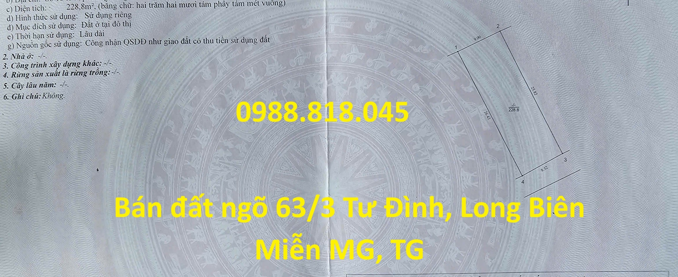 Đất ngõ 63 Tư Đình, phường Long Biên, thành phố Hà Nội, 229m2, đường ô tô tránh, miễn TG