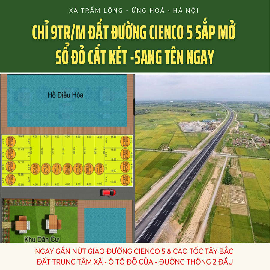 Đất cực đẹp Ứng Hoà-HN gần đường Cienco5 & CT5B sắp xây. Chỉ từ 9tr/m sẵn sổ, 2 mặt thoáng, đường thông, oto đỗ cửa