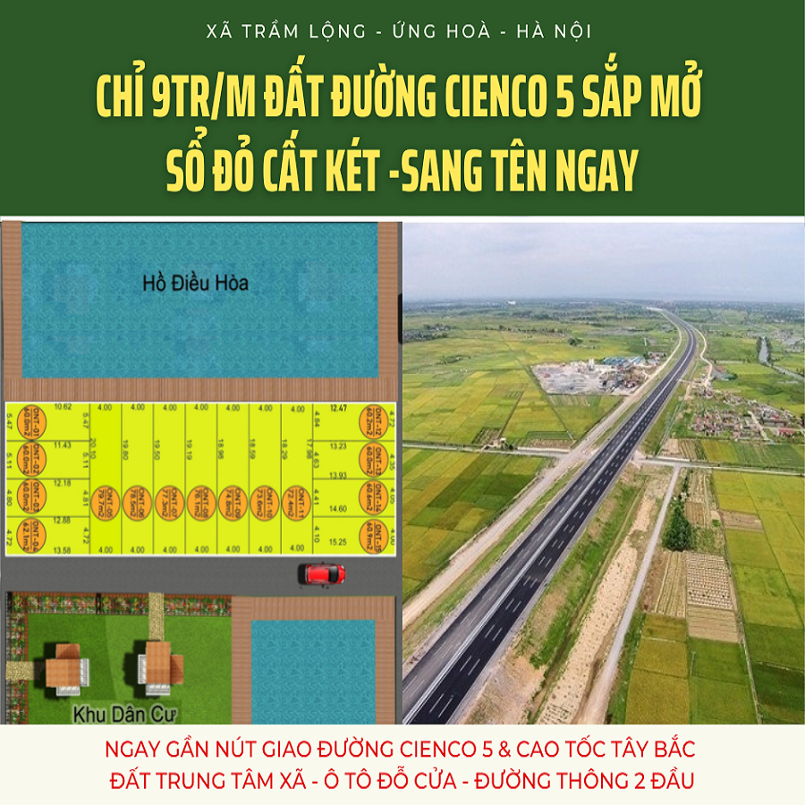 Đất cực đẹp Ứng Hoà-HN gần đường Cienco5 & CT5B sắp xây. Chỉ từ 9tr/m sẵn sổ, 2 mặt thoáng, đường thông, oto đỗ cửa 1