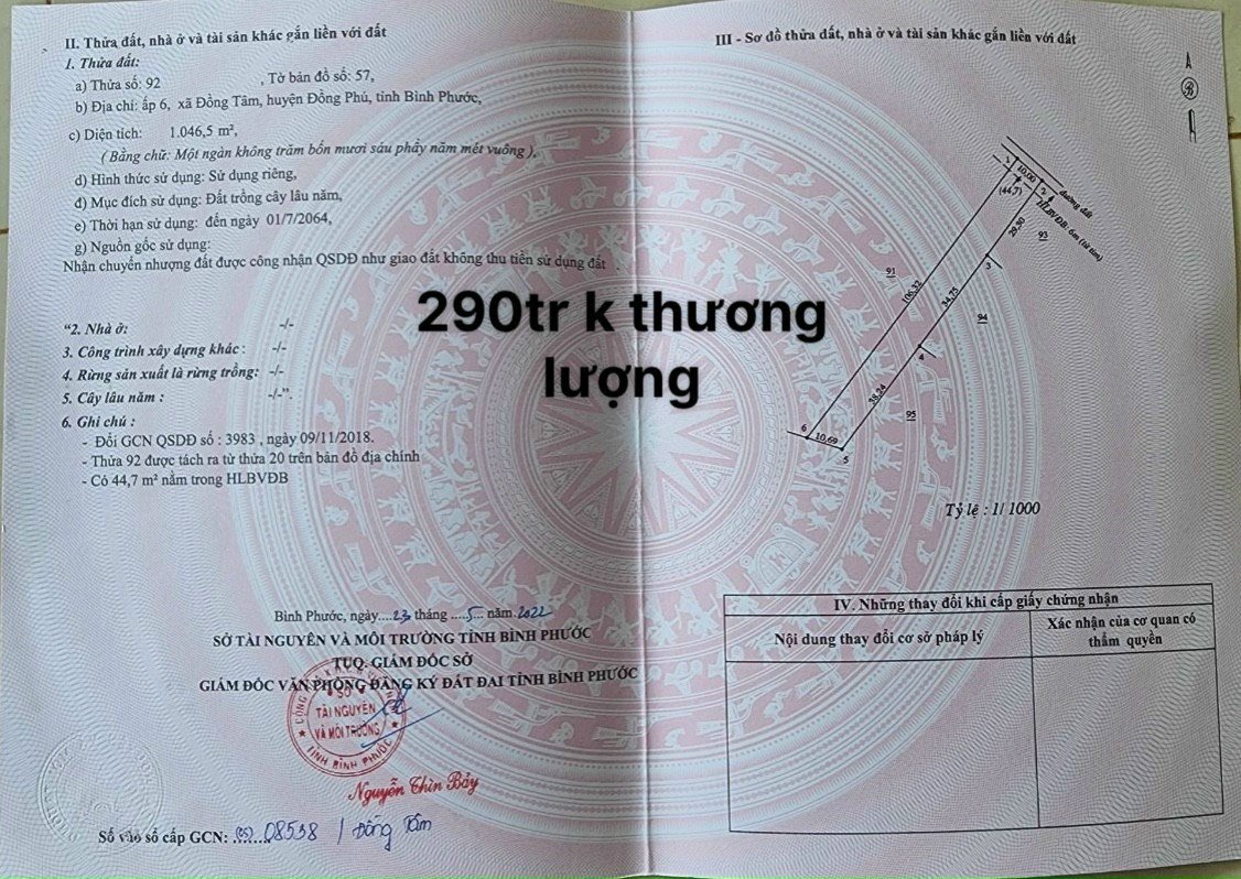 290 triệu Đồng Phú-Bình Phước 1000m2 sổ sẵn