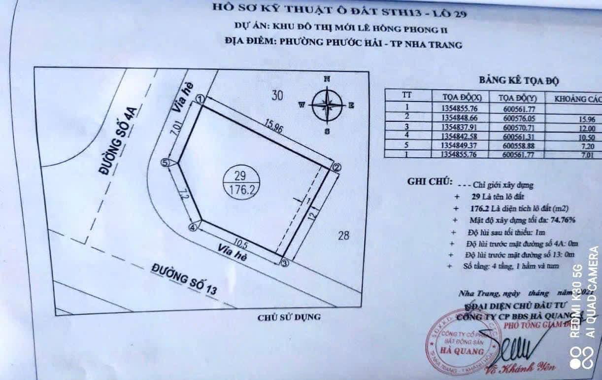 Bán nhanh lô góc đường số 13 khu đô thị Hà Quang 2, Nha trang, đối diện trung tâm thương mạigiá