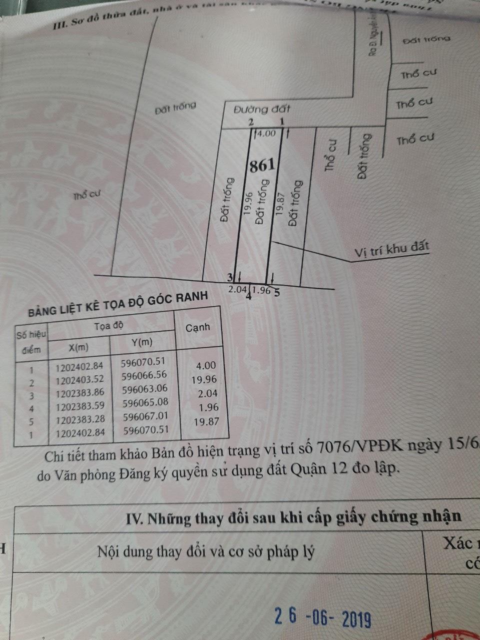 Bán lô đất DT 4x20 hẻm bê tông 4m, xe hơi vô tận cửa, đường Nguyễn Thị Búp, Q12. SHR 2
