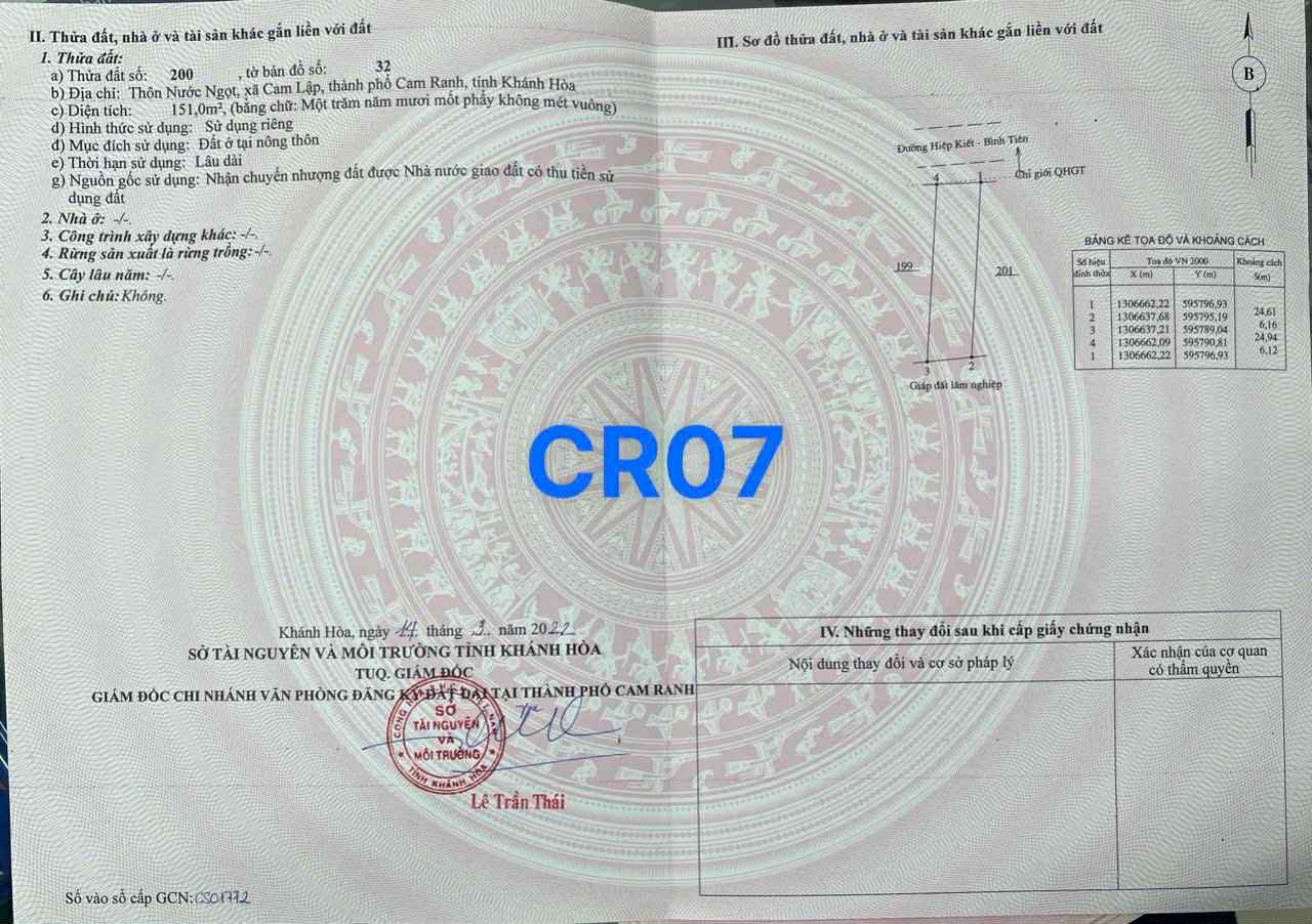 Cần bán Đất đường Quốc lộ 1A, Xã Cam Lập, Diện tích 150m², Giá 15.5 Triệu/m²