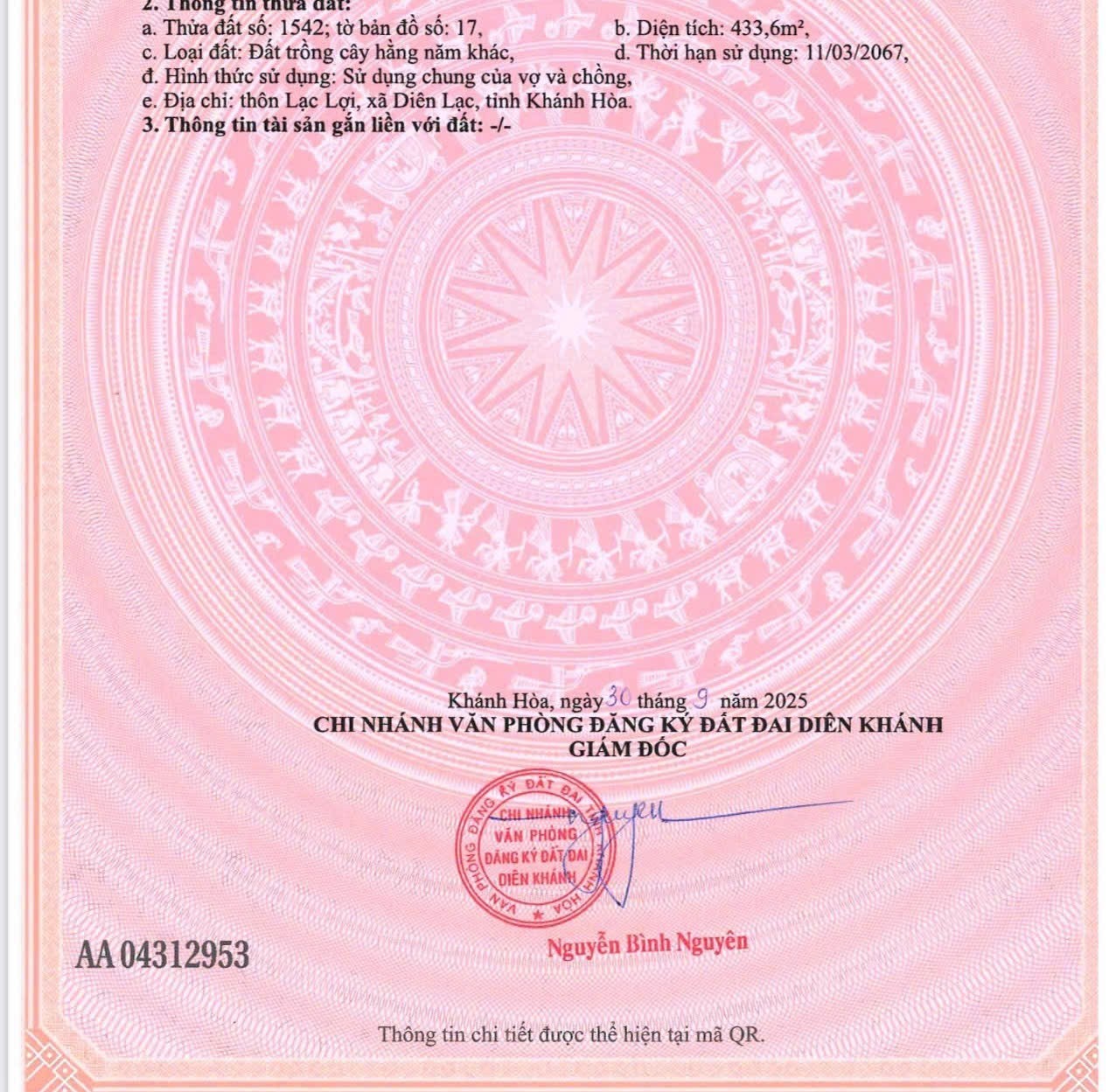 Bán đất mặt tiền đường Lạc Hoà 1 - xã Diên Hoà sau lưng cây xăng Hưng Thịnh đi vào 8