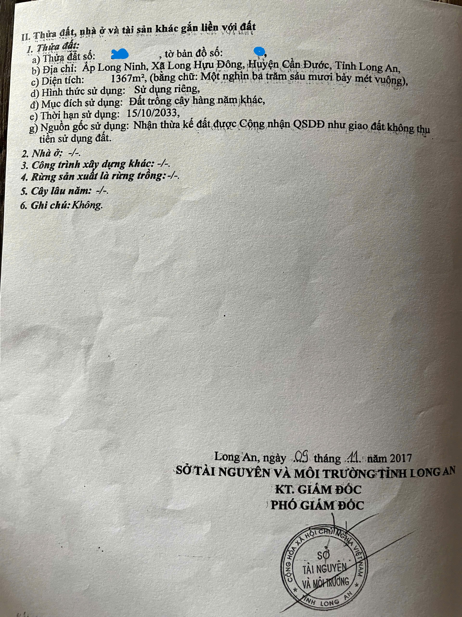 Chủ cần bán gấp 1367m2 đất vườn Óc Đảo Long Hựu giá rẻ 550tr hết sổ 5