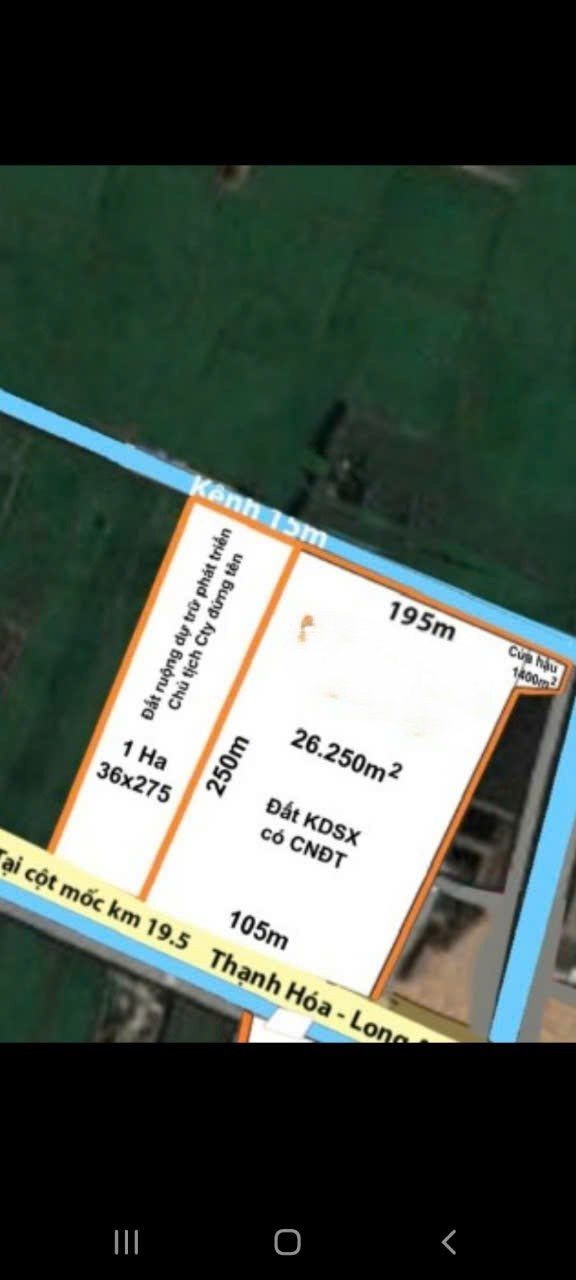 Bán đất mt quốc lộ 62 , huyện Thạnh Hóa tổng dt 5,8 ha (2,5 ha skc, 4000m2 thổ) giá 140 tỷ 4