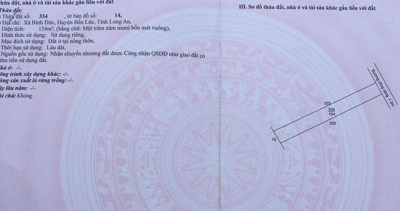 Bán nền thổ cư xã Bình Đức, Bến Lức dt 154m2 giá 720 triệu