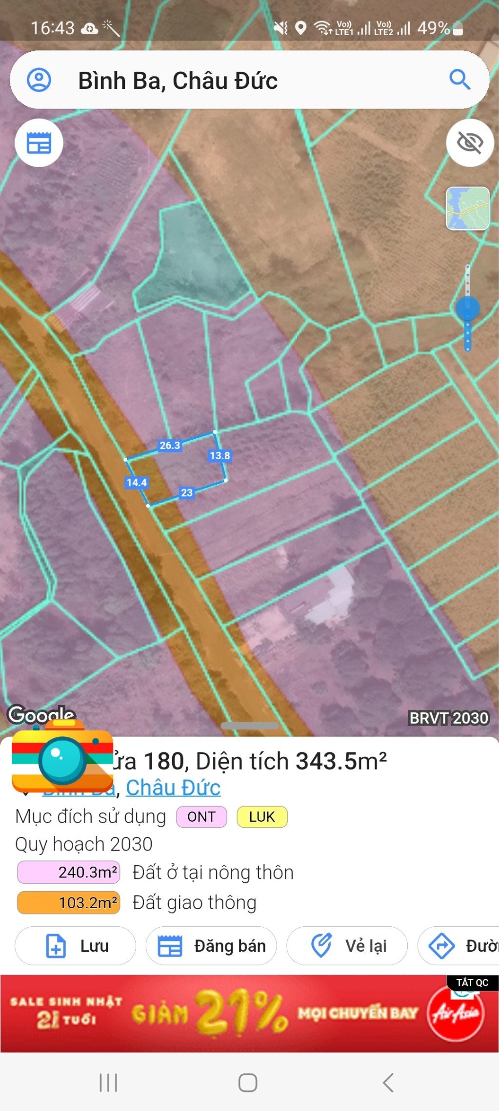 Cần bán gấp đất vườn Châu Đức, 1000m2 có 400 m2 thổ cư, ngang 22m, đường nhựa 10m 3