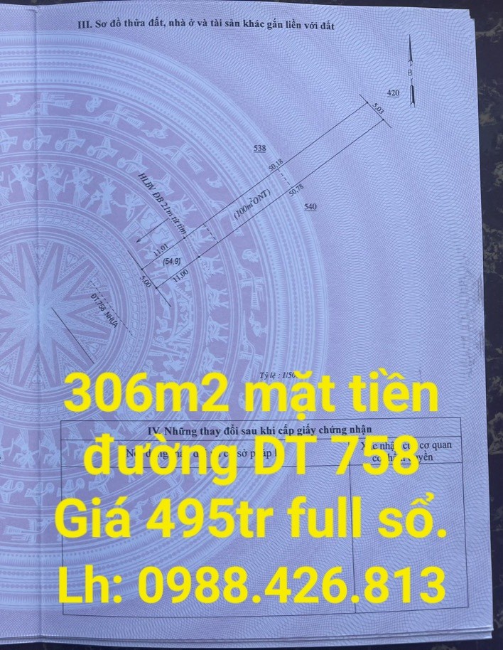 495tr/lô 306m2 Mặt Tiền Đường DT 758 quy hoạch rộng 42m 3