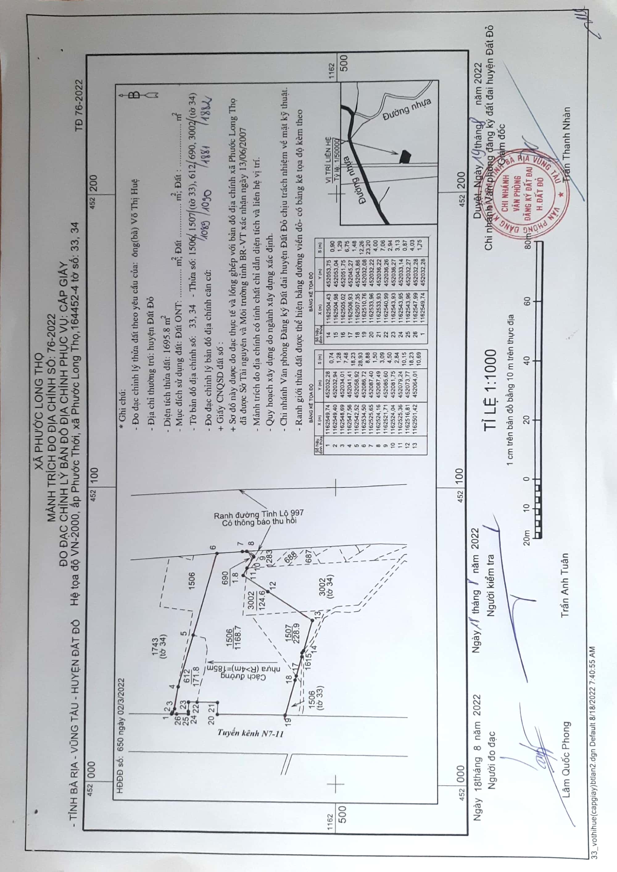 Cần bán Đất Xã Phước Long Thọ, Đất Đỏ, Diện tích 1696m², Giá Thương lượng 5