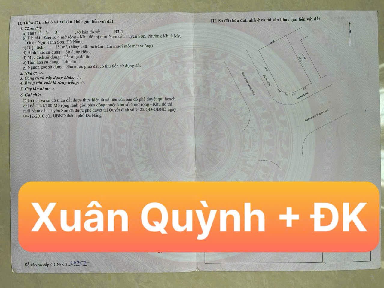 351m2/46 tỷ.Đất Biệt Thự,2 M tiền, đường Đoàn Khuê và Xuân Quỳnh.sát Sông Hàn,Đà Nẵng.