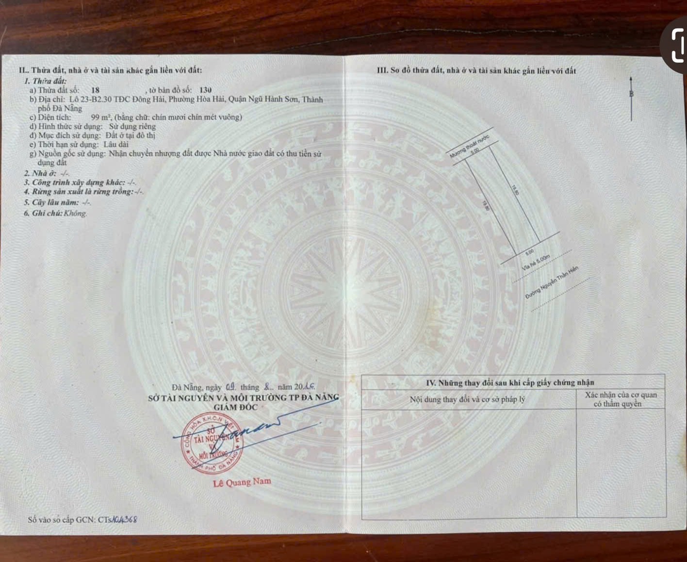 9,2 tỷ/99m2,Đất Nguyễn Thần Hiến.rộng 10,5m,H:Nam, khu Đông Hải ,Bãi tắm Tân Trà