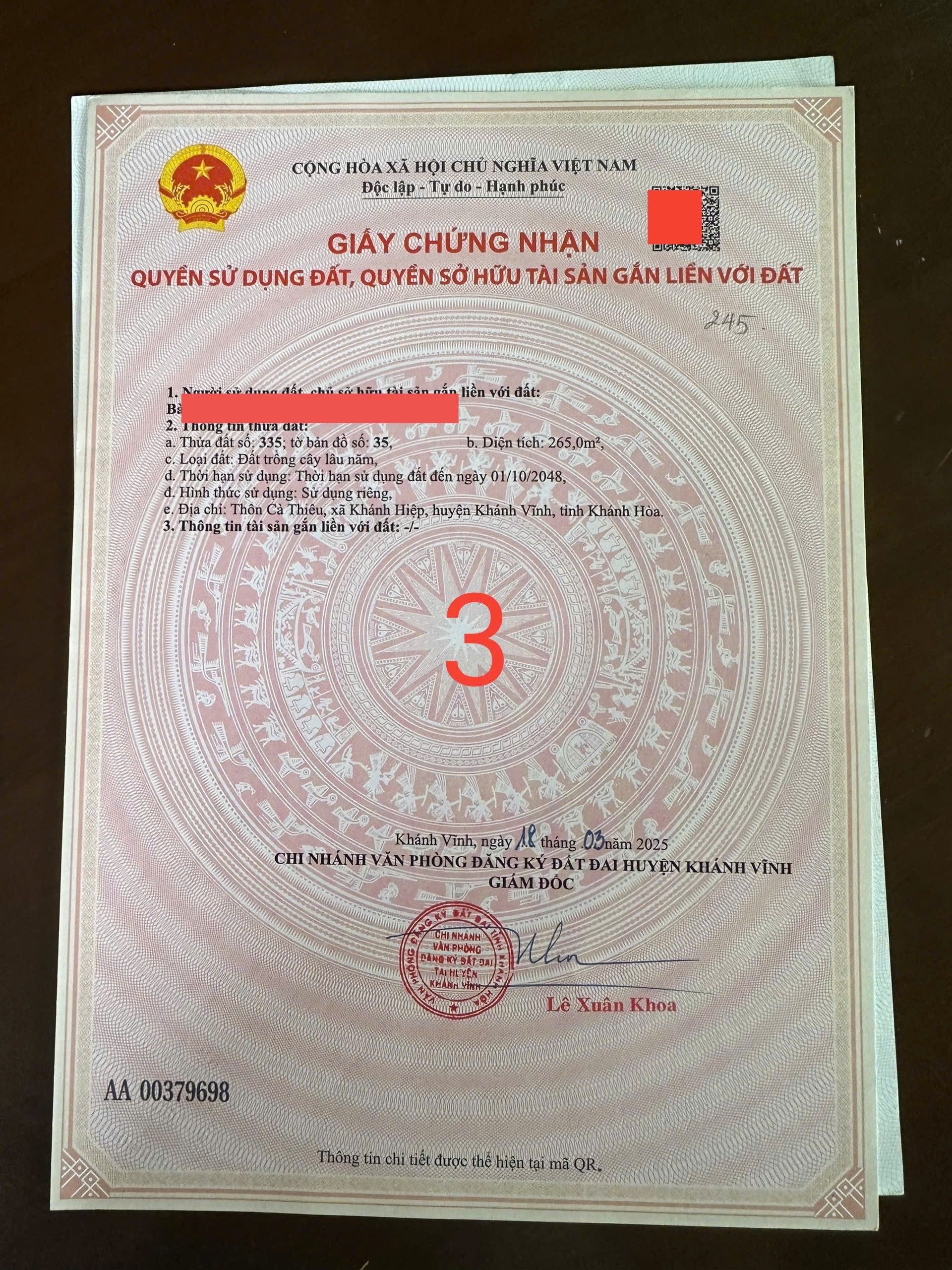 Bán đất Khánh Hiệp thôn Cà Thiêu full thổ cư cạnh trường học - mặt tiền trục đường chính 5