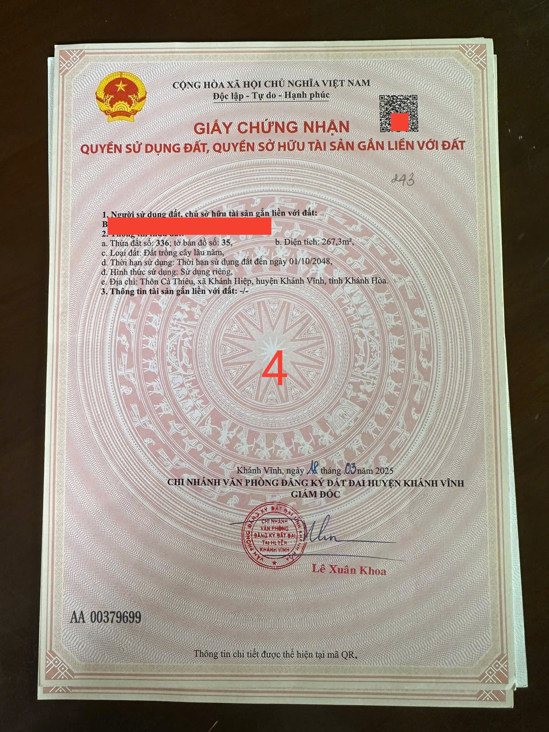 Bán đất Khánh Hiệp thôn Cà Thiêu full thổ cư cạnh trường học - mặt tiền trục đường chính 7