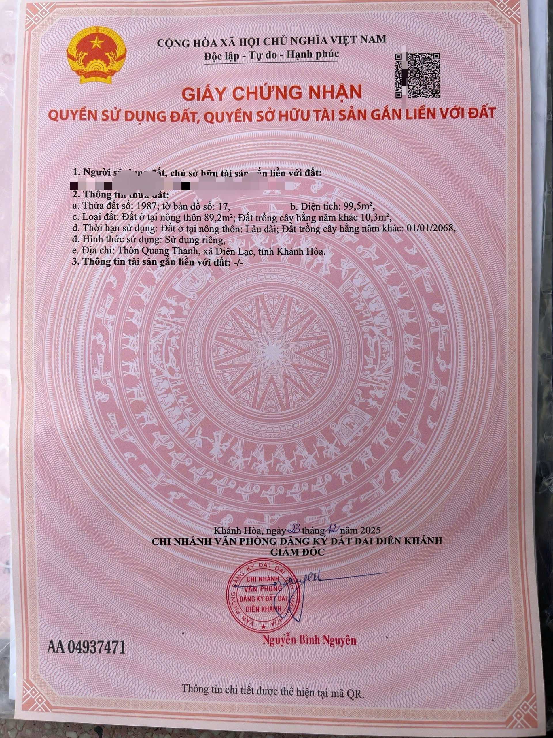 Bán đất Diên Hoà thôn Quang Thạnh mặt đường nhựa rộng 6m thông thoáng 11