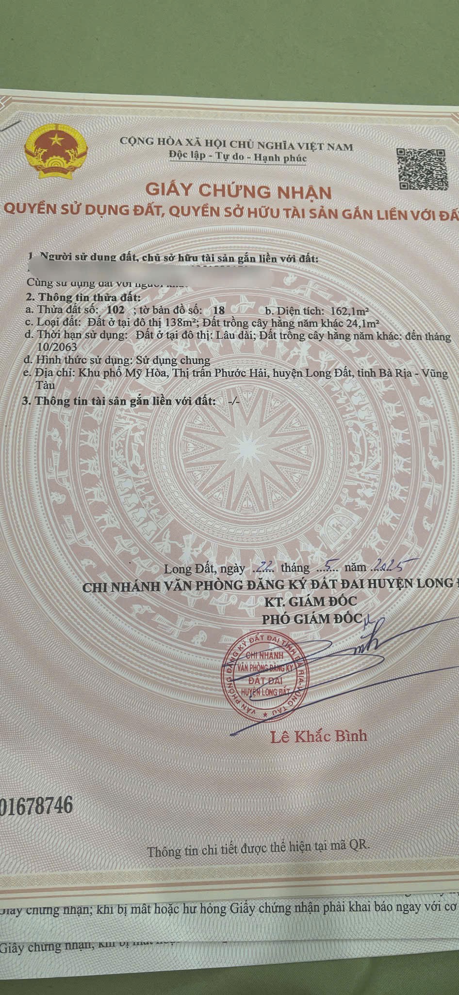 Cần bán Đất đường Tỉnh lộ 44A, Thị trấn Phước Hải, Diện tích 162m², Giá Thương lượng