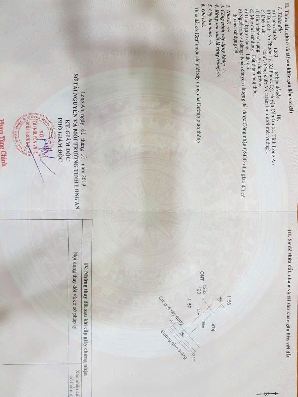 Bán đất thổ cư hẻm xã Phước Lý, Cần Giuộc dt 120m2 giá 1,6 tỷ