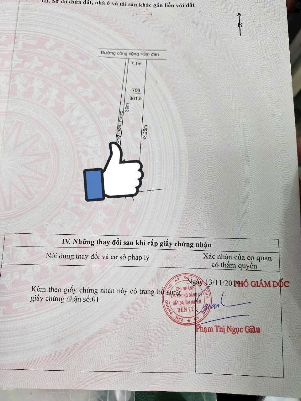 Bán đất thổ cư xã Nhựt Chánh , Bến Lức dt 361,5m2 giá giảm còn 1 tỷ 468 triệu 4