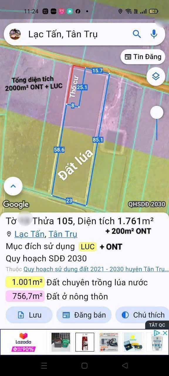 Bán đất xã Lạc Tấn , Tân Trụ tdt 1960m2 ( có 200m2 thổ) đường beton, có tường rào giá 2,2 tỷ 2